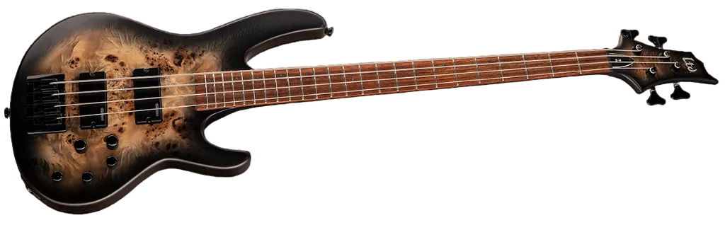 ESP LTD D-4 Poplar Burl Bass Guitar w/ Roasted Jatoba Fingerboard - Black Natural Burst Satin